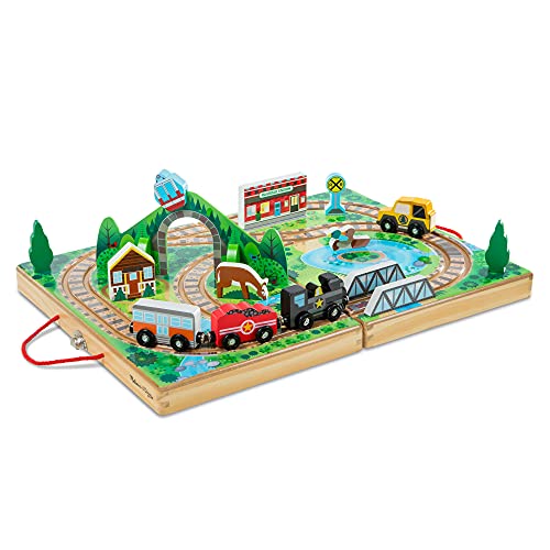 Melissa & Doug 17-Piece Wooden Take-Along Tabletop Railroad, 3 Trains, Truck, Play Pieces, Bridge - Wooden Train Sets For Kids Ages 3+ from Melissa & Doug