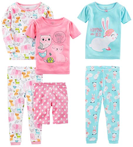 Simple Joys by Carter's Baby Girls' 6-Piece Snug-Fit Cotton Pajama Set, Teal Blue/Pink/White, Bunny/Animal, 12 Months from Carter's Simple Joys - Private Label