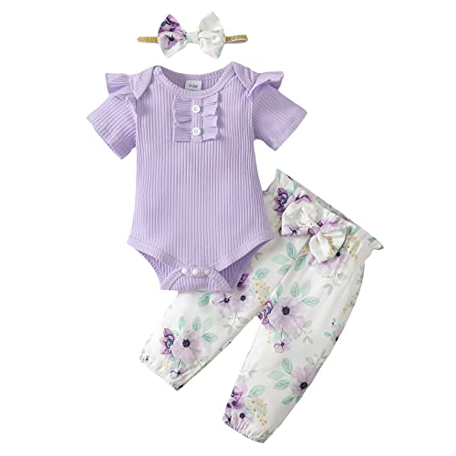 Tokidaring Newborn Baby Girl Clothes Romper Pants Set Floral Infant Outfits Cotton Baby Clothes for Girls 0-18 Months (purple short sleeve, 12-18M) by 
