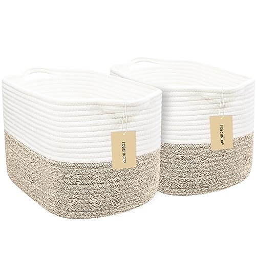 Storage Baskets for Organizing 2 Pack, Cotton Rope Woven Basket, Toy Storage, Gift Baskets Empty, Basket with Handles for Shelves, Decorative Storage Organizer for Living Room, Bathroom, Brown/White. by Poschnor