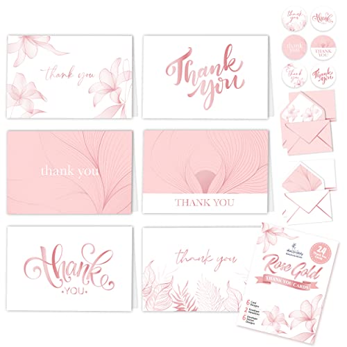 24 Rose Gold-Foiled Pink Thank You Cards with Envelopes - 6x4in Rose Gold Thank You Cards with Envelopes Pink, 6 Designs Pink Baby Shower Thank You Cards Girl, Girl Baby Shower Thank You Cards Pink by Decorably