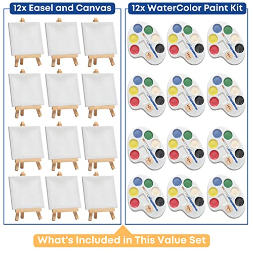 Mini Canvas and Easel Set with Mini Watercolor Paint in Bulk Set of 12 - Kids Art Party Favors & Party Supplies - 4x4" Small Canvases for Painting with Mini Easel - Water Colors Paint for Kids from CRAFTY HAPPITOYS