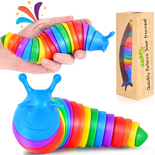 Fidget Slug Toy, Autism Sensory Toys for Autistic Children, Flexible Articulating Rainbow Slug Toys, Novelty Stim Toy for Kids, Adults, Birthday Gifts, Easter Basket Stuffers(Rainbow) by FLEBE