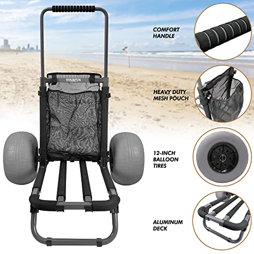 TOURFUN Beach Cargo Cart with Big Wheels for Sand, Foldable Beach Wagon Trolley 12 Inch Balloon Tires Heavy Duty 220 LBS Capacity by TOURFUN
