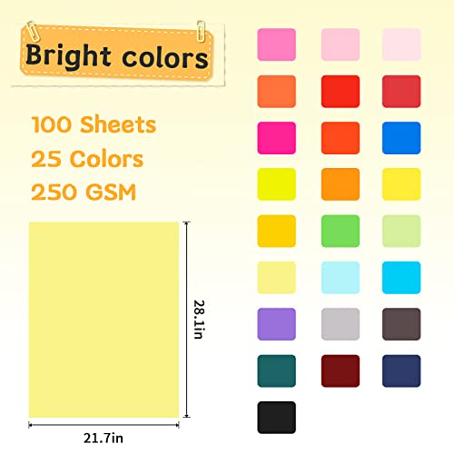 YINUOYOUJIA 100 sheets Colored Cardstock,25 Assorted Colors Cardstock,8.5x11in Printer Paper,250gsm/92lb Thick Card Stock for Card Making, Craft, Scrapbooking,Party Decors, Kids School Supplies from YINUOYOUJIA