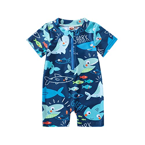 Baby Boy Swimsuit One Piece Short Sleeve Zipper Swimwear Toddler Bathing Suit Rash Guard Swimwear Beachwear Sunsuit(Blue, 1-2 Years) from MA&BABY