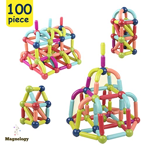 Magnelogy 100 Pcs Magnetic Building Sticks, Stem Educational Construction Toys, Magnetic Stick and Rods Set, 3D Magnet Building Toys, 6 Color Creative Builder from Magnelogy