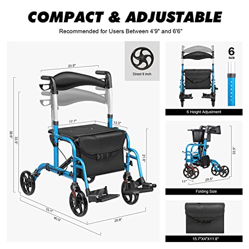 20602 LITELEPH 2 in 1 Rollator Walker with Seat Reversible Backrest and Detachable Footrests Transport Chair Lightweight Foldable for Adults Blue by LITELEPH