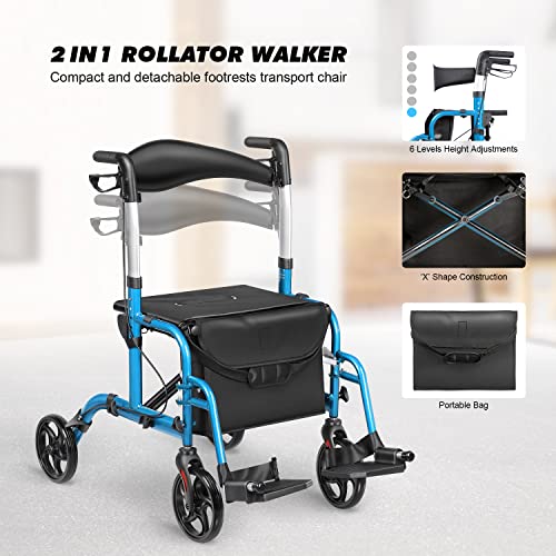 20602 LITELEPH 2 in 1 Rollator Walker with Seat Reversible Backrest and Detachable Footrests Transport Chair Lightweight Foldable for Adults Blue by LITELEPH
