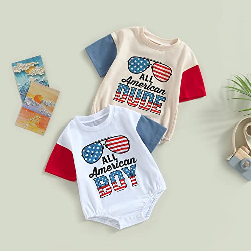 Baby Boy 4th of July Romper Short Sleeve All Amercian Dude Letter Print Bodysuit Casual Summer Onesie Clothes (Apricot All American Dude, 6-12 Months) by Mandizy