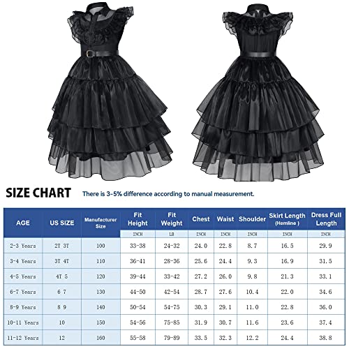 Wednesday Addams Dress Up Costume for Girls Birthday Halloween Cosplay Party with Wig Socks Belts 8-9 Years (140cm) by Bosvin