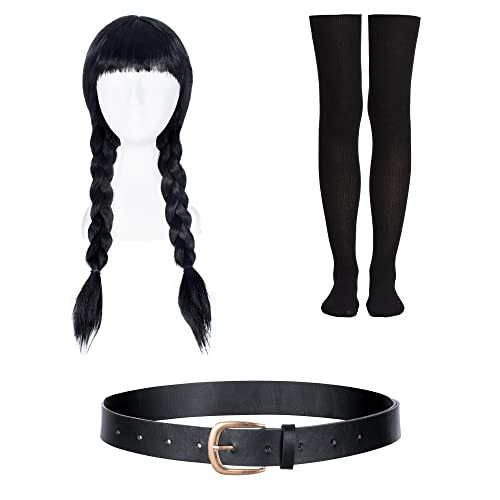 Wednesday Addams Dress Up Costume for Girls Birthday Halloween Cosplay Party with Wig Socks Belts 8-9 Years (140cm) by Bosvin