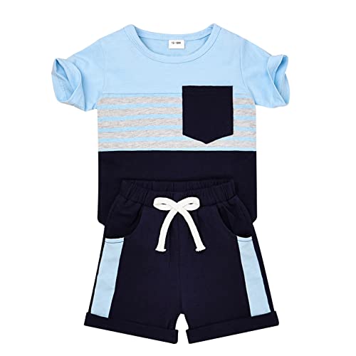 FOCUTEBB 2 Years Old Boy Clothes Toddler Boy Clothes Summer Outfits Patchwork Short Sleeve T-Shirt Shorts Set Summer Clothes Set Dark Blue Boy Set 2-3T/90cm by 