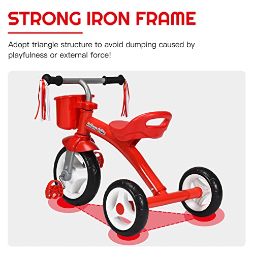 INFANS Kids Tricycle Rider with Adjustable Seat, Storage Basket, Premium Quiet Wheels, Non-Slip Handle (Red) by INFANS