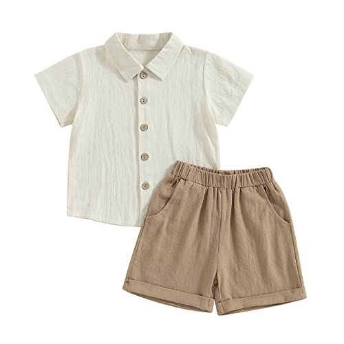 Karuedoo Toddler Baby Boy Clothes Cotton Linen Short Sleeve Button Down Shirt Shorts Set 2Pcs Summer Outfits (A-Beige Khaki, 12-18 Months) from 