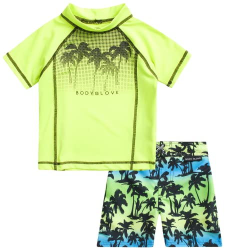 Body Glove Baby Boys' Toddler Rash Guard Swim Set - UPF 50+ Swim Shirt and Bathing Suit Trunks for Boys (2T-4T), Size 2T, Green Neon/Palm Trees from 