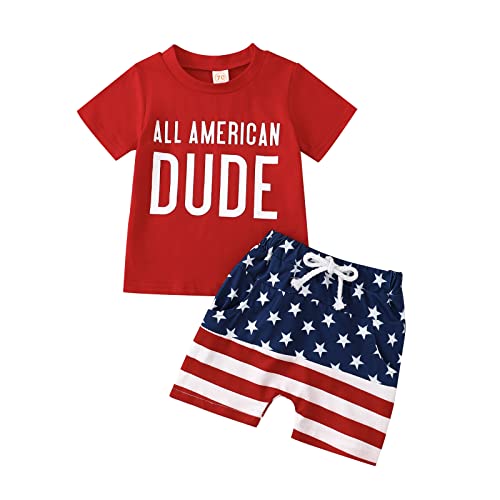 4th of July Baby Boy Outfit USA Letter Print T Shirt Tops Shorts Toddler Fourth of July Cute Newborn Summer Clothes Set (Red Blue, 12-18 Months) by allshope