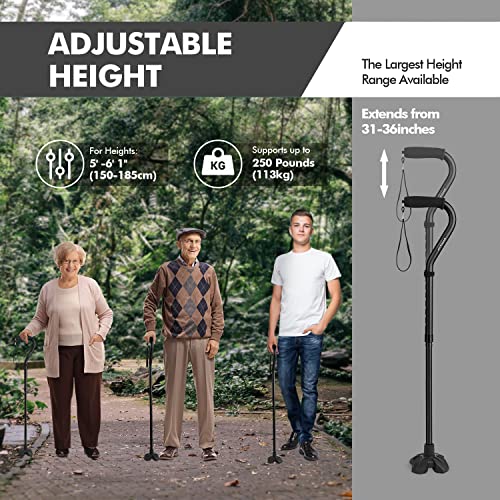 GPTCAMP Walking Cane for Women and Men, Lightweight and Sturdy Offset Walking Stick, Large Quad Base Canes for Seniors, Walking Crutches for People with Leg Injuries(Black) from GPTCAMP