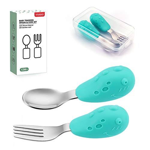 YIVEKO Baby Fork and Spoon Set with Carry Case Baby Training Utensils Self Feeding Toddler Silverware Silicone and Stainless Steel Kids and Toddler Utensil Set-Dinosaur from YIVEKO