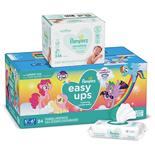 Pampers Easy Ups and Baby Wipes - Pull On Disposable Potty Training Underwear for Girls and Boys, Size 7 (5T-6T), 84 Count, ONE Month Supply with Sensitive Wipes, 6X Pop-Top Packs, 336 Count by Pampers