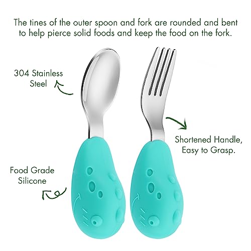 YIVEKO Baby Fork and Spoon Set with Carry Case Baby Training Utensils Self Feeding Toddler Silverware Silicone and Stainless Steel Kids and Toddler Utensil Set-Dinosaur from YIVEKO
