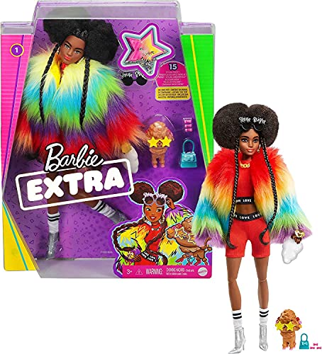 Barbie Extra Doll #1 in Furry Rainbow Coat with Pet Poodle, Brunette Afro-Puffs with Braids, Including âShine Brightâ Sunglasses, Multiple Flexible Joints from Mattel