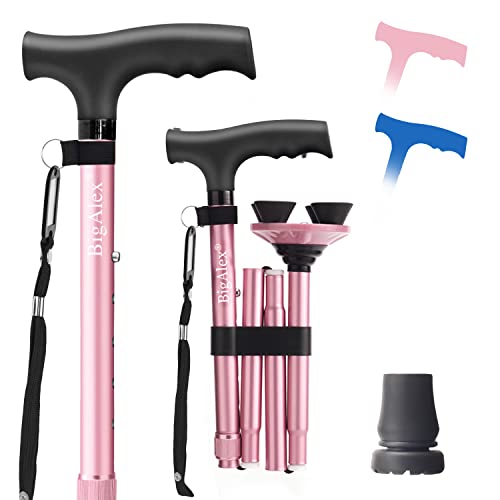 BigAlex Folding Walking Cane Adjustable & Portable Walking Stick,Pivoting Quad Base,Lightweight,Collapsible with Carrying Bag for Men/Woman(Pink) by BigAlex