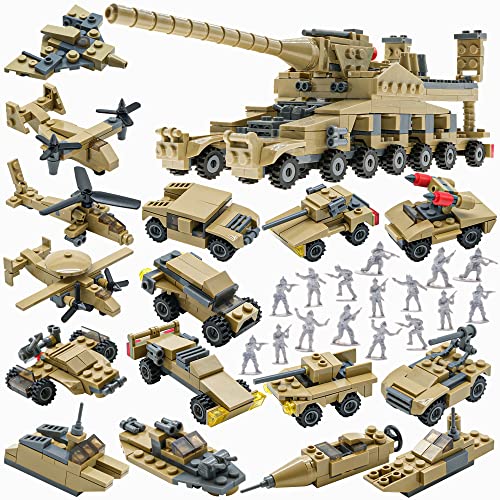 STEM Building Toys Set, Creative Army Toys for 6 7 8 9 10 Year Old Boy Kids Gifts, with 544 PCS Military Vehicles Model Blocks Toy and 20 Little Toy Soldiers, 16 in 1 Building Bricks Army Tank by KAZI
