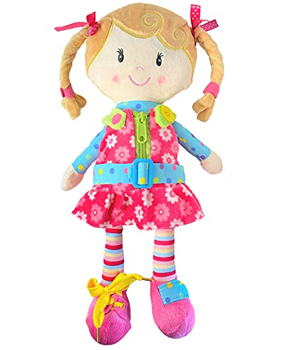 Sugar Snap Plush Learn to Dress Montessori Toy Doll for Toddlers - 15" - Zipper, Snaps, Buttons, Buckle and Shoe Tying Practice - Montessori Toy for 2 3 4 5 Year Old by Making Believe