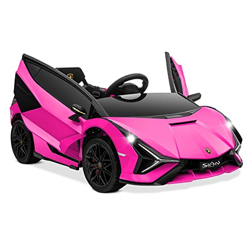 Kidzone Kids 12V Electric Ride On Licensed Lamborghini Sian Roadster Motorized Sport Vehicle with 2 Speed, Remote Control, Wheels Suspension, LED Lights, USB/Bluetooth Music, Engine Sounds, Pink from Kidzone