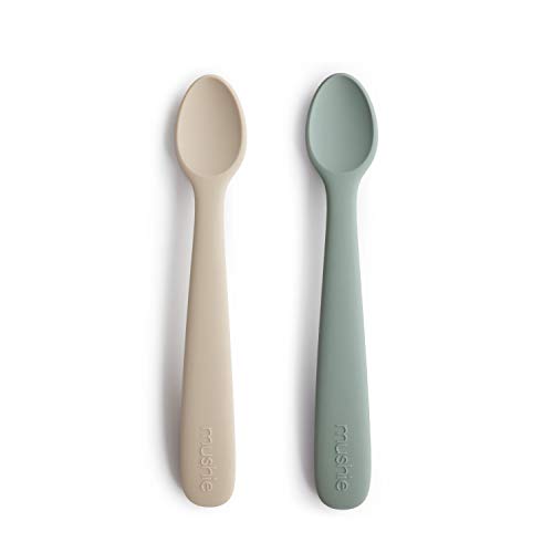 mushie Silicone Baby Feeding Spoons | 2 Pack (Cambridge Blue/Shifting Sand) from mushie