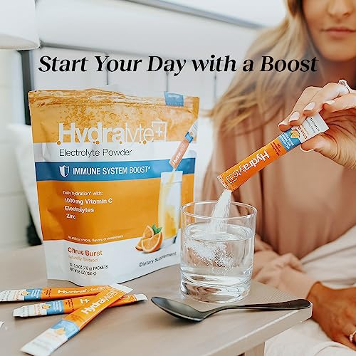 Hydralyte Electrolyte Hydration Powder Packets - Immunity Boost: 1,000mg Vitamin C, Zinc, with Antioxidants | Rapid Rehydration| Lightly Sparkling | Instant Dissolve | All Natural Citrus Burst, 20 ct by Hydralyte