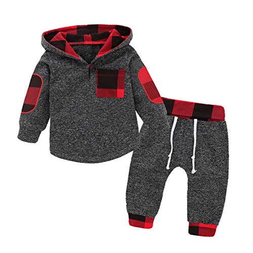 Toddler Baby Boy Clothes Plaid Pocket Hoodie Sweatshirt+Pants Outfits Set (GreyRed/100) by 