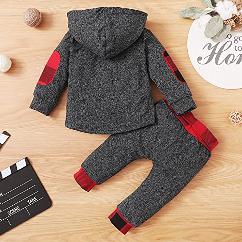 Toddler Baby Boy Clothes Plaid Pocket Hoodie Sweatshirt+Pants Outfits Set (GreyRed/100) by 