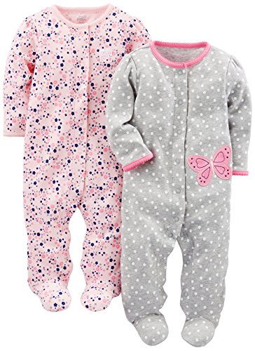 Simple Joys by Carter's Baby Girls' 2-Pack Cotton Footed Sleep and Play, Gray Butterfly/Pink Floral, 6-9 Months by Carter's Simple Joys - Private Label
