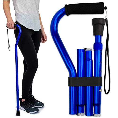 RMS Folding Cane with Offset Foam Handle, Adjustable Walking Stick with Carrying Pouch (Blue) by Royal Medical Solutions