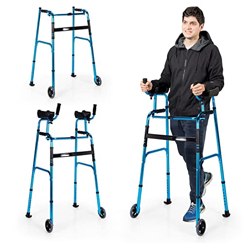 Goplus Foldable Standard Walker, Lightweight Aluminum Alloy Wheel Rehabilitation Auxiliary Walking Frame with Arm Rest Pad and Wheels, Height Adjustable Elderly Walking Mobility Aid (Blue + Black) from Superbuy