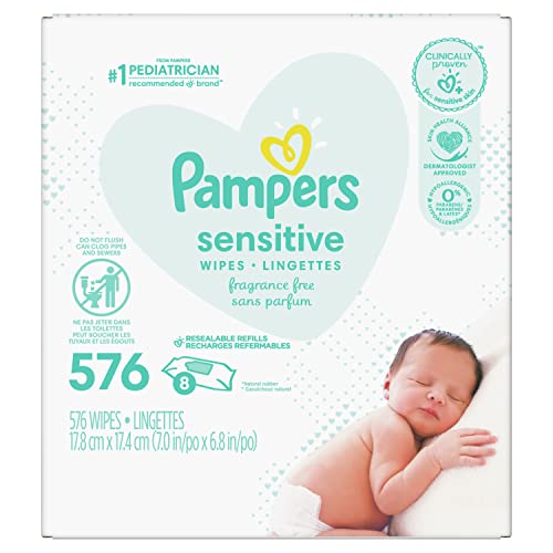 Baby Wipes, Pampers Sensitive Water Based Baby Diaper Wipes, Hypoallergenic and Unscented, 8 Refill Packs (Tub Not Included), 72 each, Pack of 8 (Packaging May Vary) by Procter & Gamble