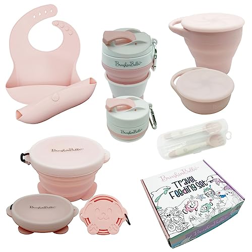 BrushinBella Baby Feeding Set - Collapsible Feeding Supplies for Travel - Food Grade Silicone Suction Baby Bowl, Baby Plate, Baby Bib, Baby Spoons First Stage - Cute Baby Eating Supplies Toddler Gift by BrushinBella