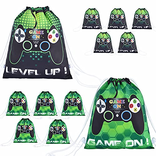 Video Game Party Loot Bags - 12 Pack 10'' x 12'' Game On Theme Gifts Bags for Kid Boys Drawstring Backpack Goodie Candy Favor Bags Birthday Party Supplies by WERNNSAI