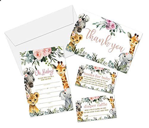 Safari Baby Shower Invitation Set, Fill In Invites Cards, Books For Baby, Thank You, Diaper Raffle, Oh Baby , Each Design 25 Cards & Envelopes (Total 100 Cards) â (bb002-taozhuang) by Yuansail