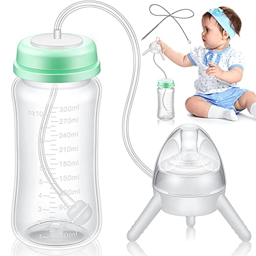 Nuanchu 10 Ounce Self Feeding Baby Bottle with Long Tube Straw Cute Leak-Proof Baby Feeder Bottle Imitation Milk Weaning Baby Supply (Mint Green) from Nuanchu