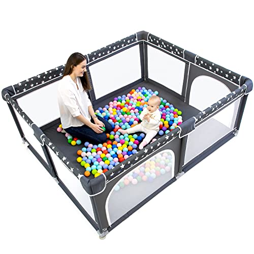 Baby Playpen, ANGELBLISS Playpen for Babies and Toddlers, Extra Large Playard with Gate, Kids Safety Play Pens Portable Play Yard with Star Print (Black, 79"Ã71") by ANGELBLISS