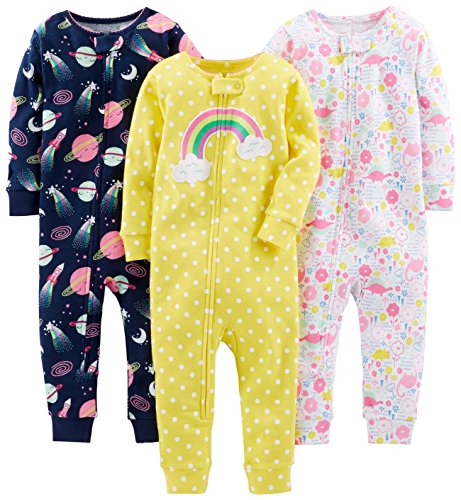 Simple Joys by Carter's Baby Girls' 3-Pack Snug Fit Footless Cotton Pajamas, Dinosaur, Space, Rainbow, 12 Months from Carter's Simple Joys - Private Label