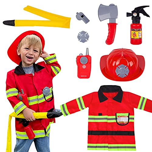 liberry Fireman Costume for Kids, Pretend Play Fireman Dress Up Toys with Firefighter Costume, Fire Extinguisher and Accessories, Fireman Costume Role Play Set for Kids, Toddlers, Boys & Girls by KEYNO TOYS