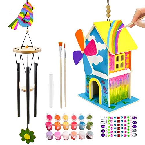 Klever Kits 2 Pack DIY Kid Art Craft Wood Toy Set Including DIY Outdoor Bird House Kit, Wooden Wind Chimes, Paints, Brushes, Glue & Diamond Stickers Sheet for Kids Girls Boys Toddlers from Joyin Inc