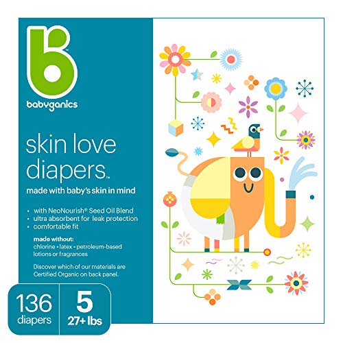 Baby Diapers, Size 5 (27 lbs+) 136 Count- Babyganics Ultra Absorbent, Unscented, Made without Chlorine, Latex by Babyganics