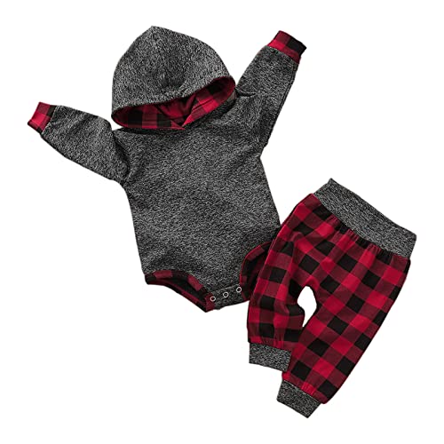 ODASIRA Newborn Baby Boy Clothes Fall Winter Infant Outfits Long Sleeve Hoodie Romper + Red Plaid Pants Set Grey 0-3 Months 70cm from ODASIRA