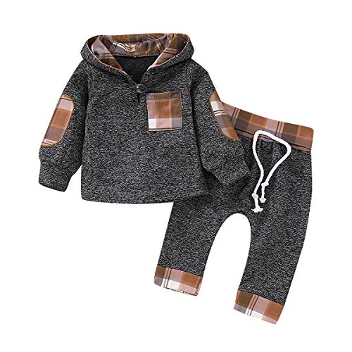 Toddler Baby Boy Clothes Plaid Pocket Hoodie Sweatshirt+Pants Outfits Set (GreyOrange/70) from 