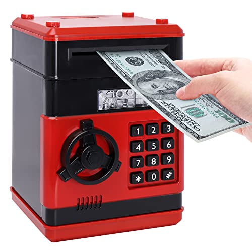 PhilaeEC Piggy Bank for Kids Money Bank, Electronic Mini ATM for Kids Baby Toy, Kids Safe Coin Banks Money Saving Box Password Code Lock Box(Black/Red) from PhilaeEC